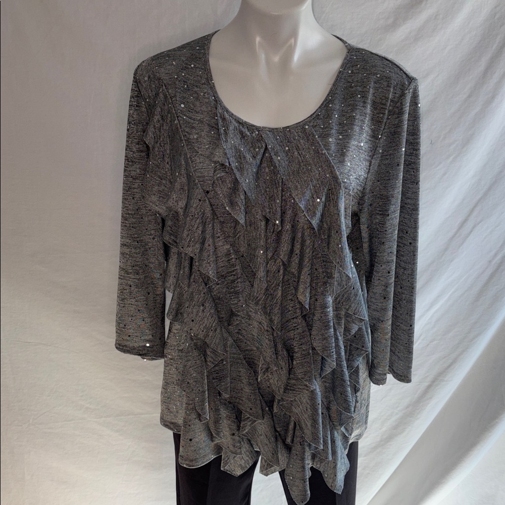 Notations Sparkly Gray Diagonal Ruffle Top - Picture 3 of 10